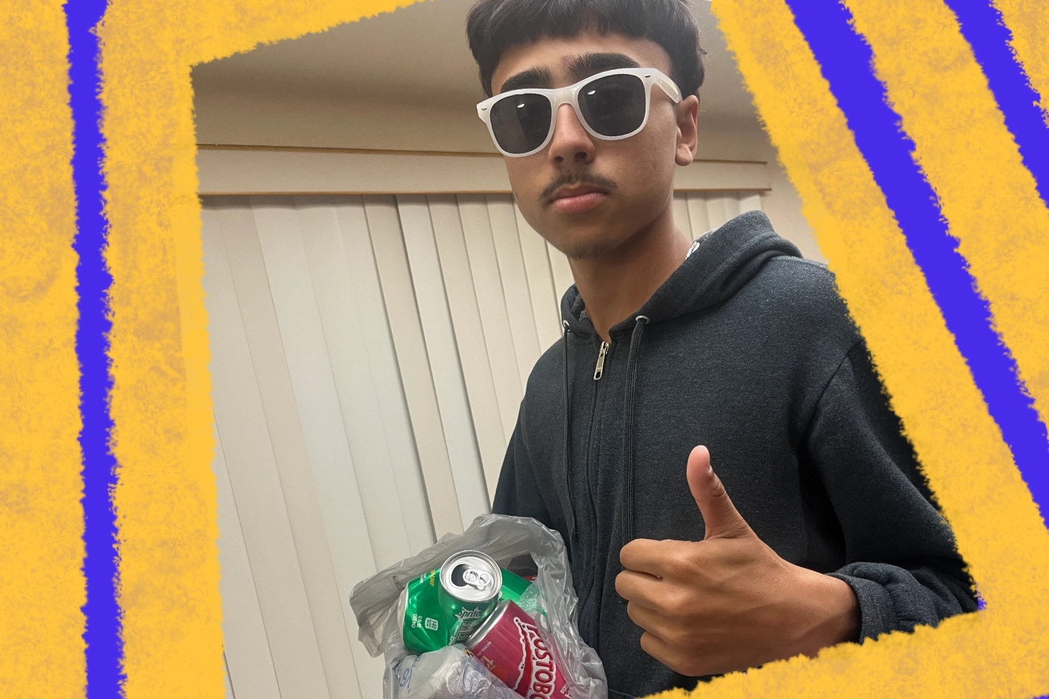A young person wearing white sunglasses and a gray hoodie gives a thumbs-up while holding a bag containing soda cans. This image highlights community engagement and volunteer opportunities.