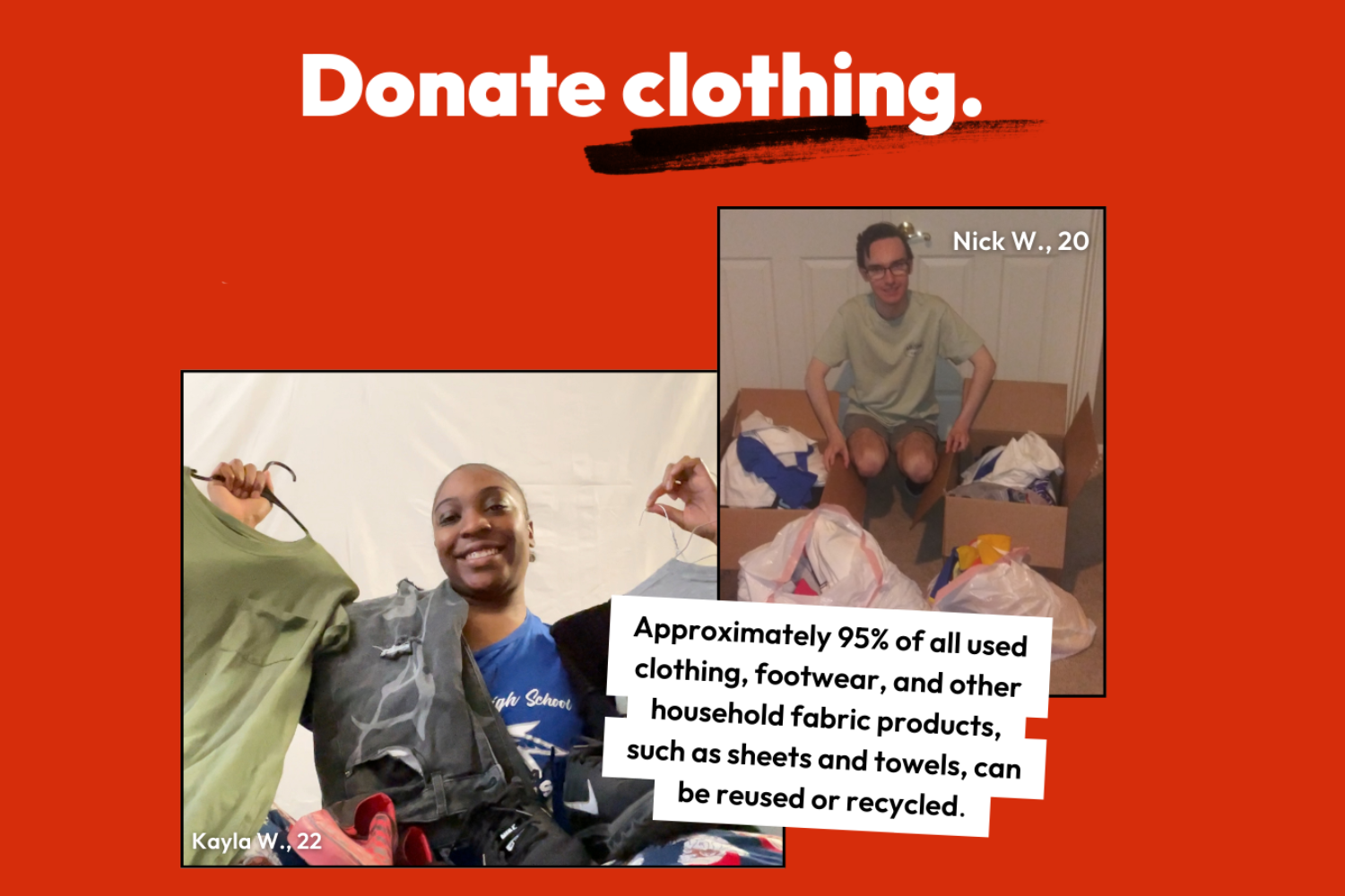 A person holding clothing items smiles while showcasing donated apparel, highlighting the importance of clothing donation. Next to them, another individual sits with boxes filled with assorted fabric products, emphasizing community engagement in recycling and sustainability efforts.