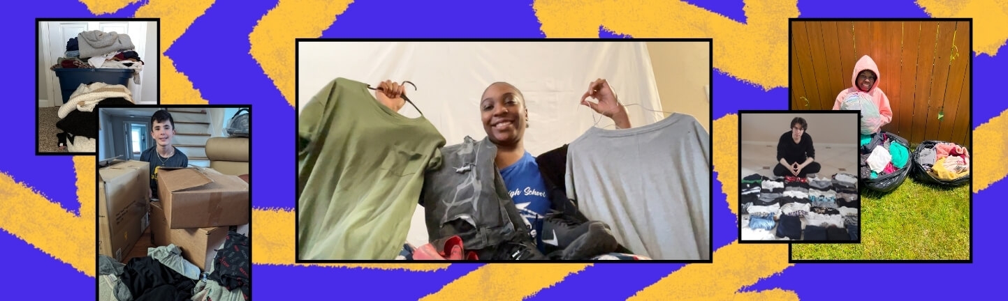A vibrant collage showcasing individuals engaged in community service by organizing and distributing clothing donations, highlighting volunteer opportunities. The diverse group is actively participating in civic learning and leadership activities, fostering inclusion and support in their community.