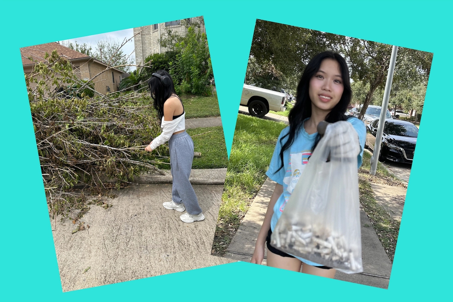 A community volunteer is seen gathering fallen branches in a neighborhood, while another is proudly holding a plastic bag filled with collected litter. These images highlight the importance of community service and environmental stewardship.