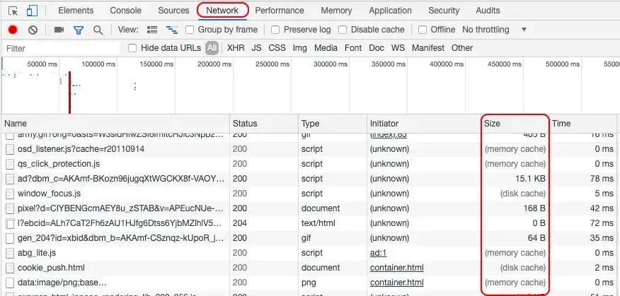 Size column in Chrome DevTools to see if resources are actually being cached