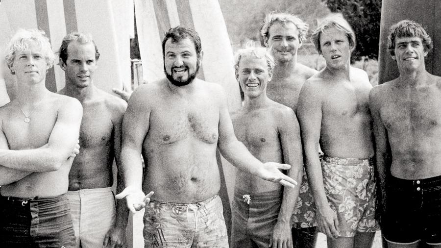 John Milius (center) on Big Wednesday set 