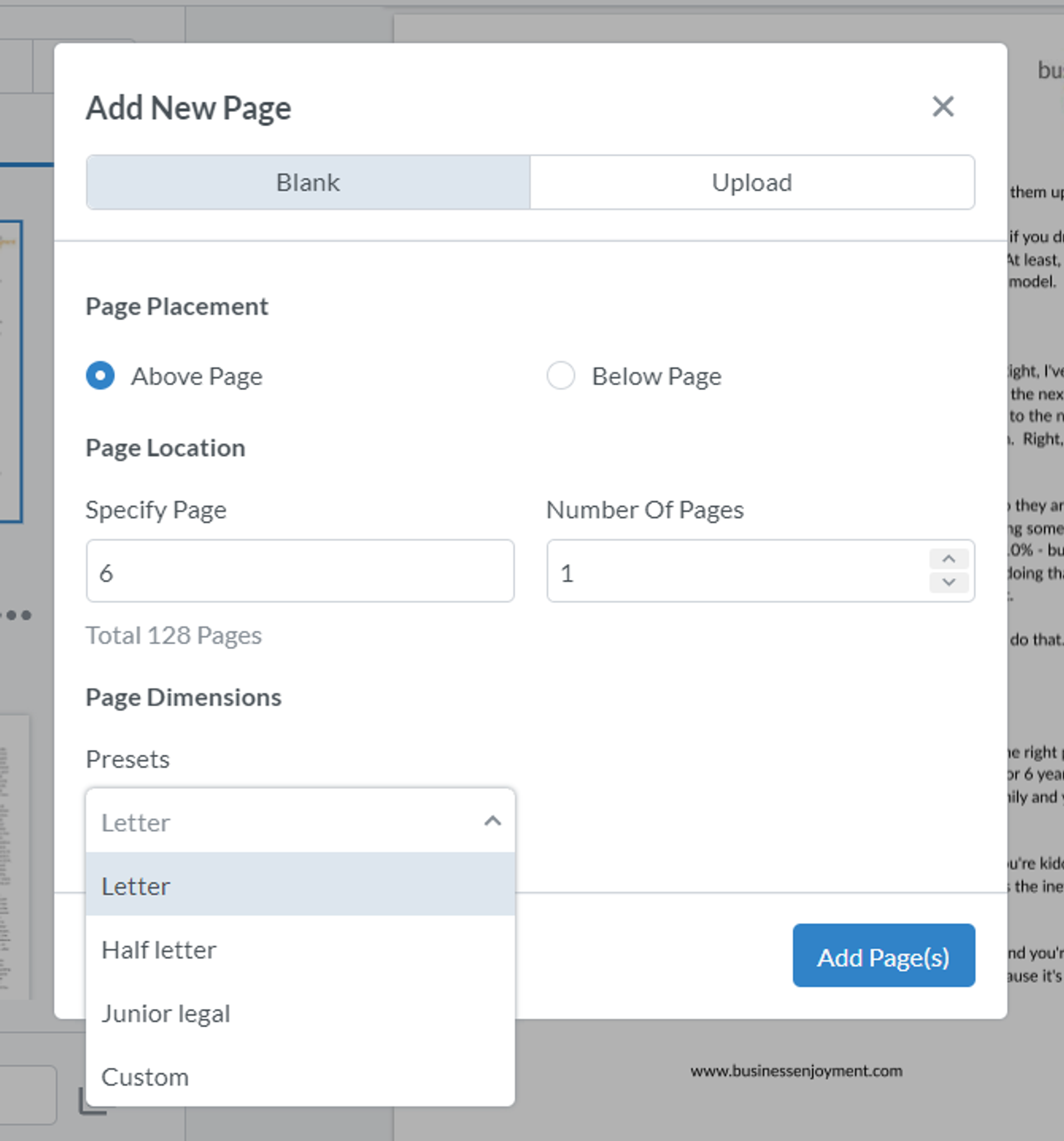Insert blank page in PDF online