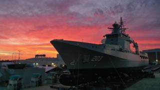 Arafura Class Offshore Patrol Vessel, NUSHIP Arafura, at Osborne Naval Shipyard in South Australia.