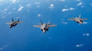 F-35A Lightning II aircraft from the Royal Austrailan Air Force, US Air Force and the Japan Air Self-Defense Force in formation during Exercise Cope North, Guam