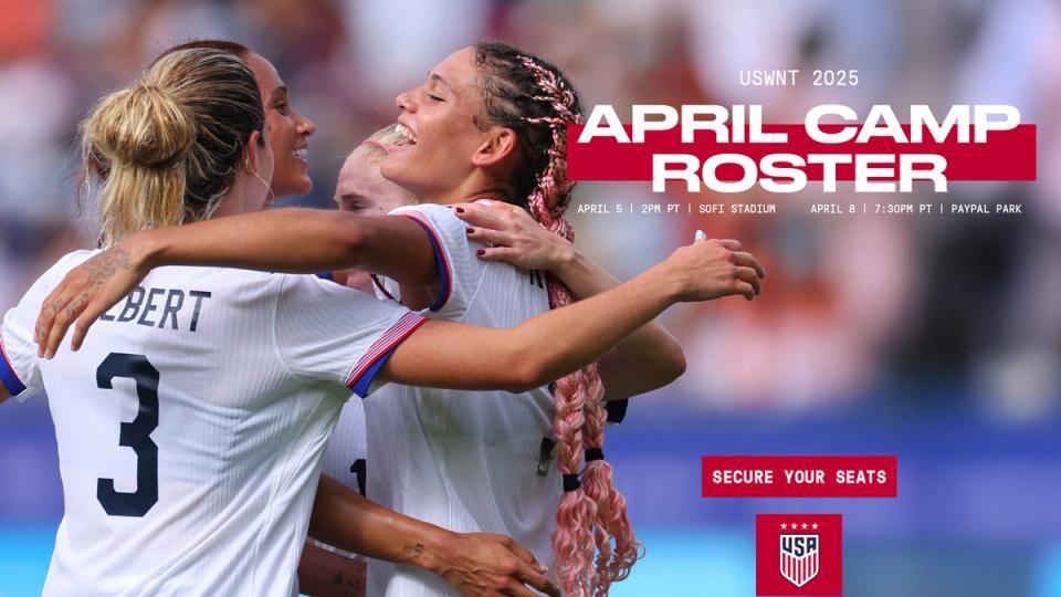 A photo of USWNT players with text April Camp Roster