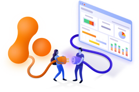 two people connecting the Adaptavist logo and a dashboard