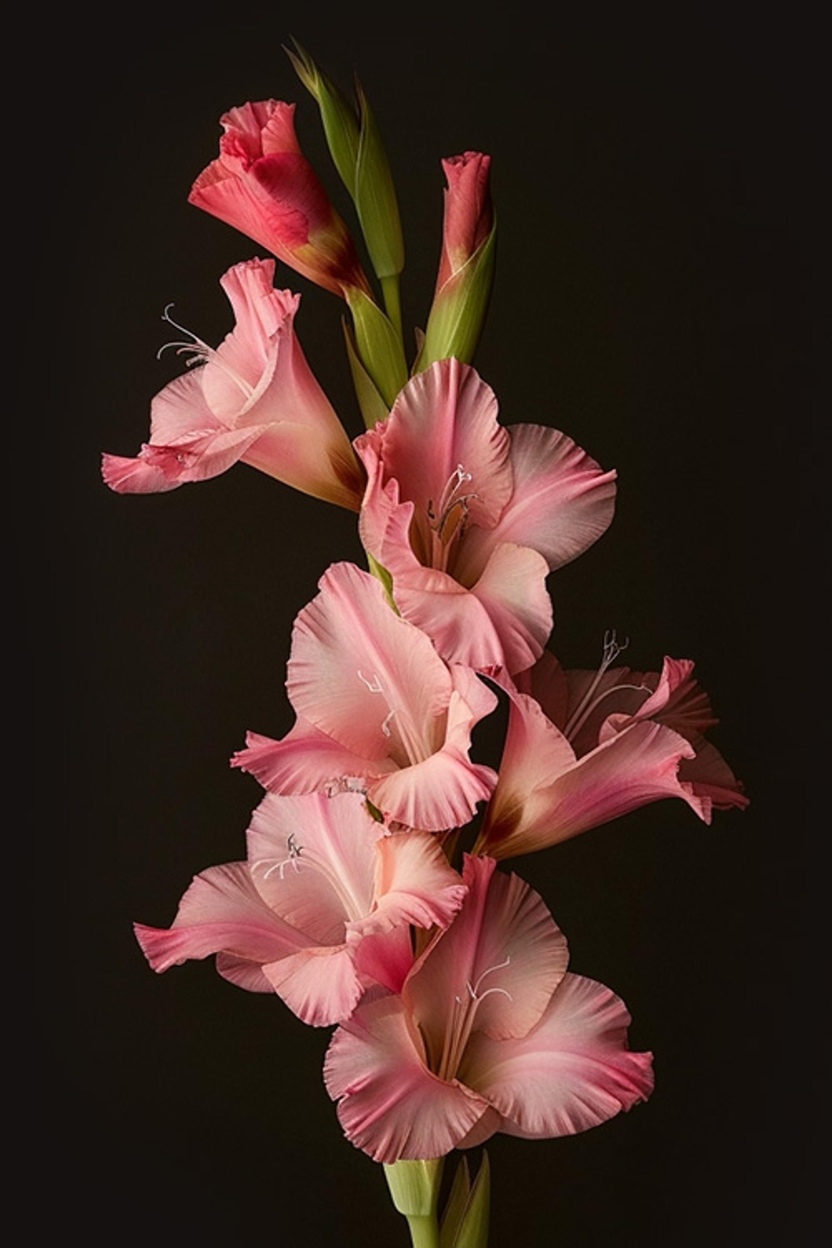 a bunch of pink flowers on a black background