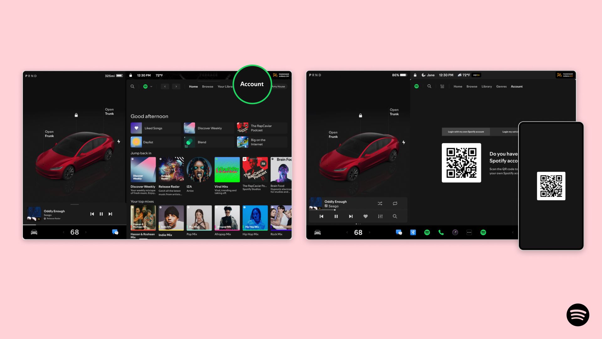 L'immagine mostra il touchscreen Tesla e dove toccare in "Account" per richiedere il tuo.