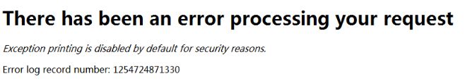 Magento 2 error reporting differs from Magento 1. For security concerns, Magento 2 hides the whole error message. Instead, it only displays the "error processing your request" message and an error log record number. Here is the sample output from this kind of Magento issue.