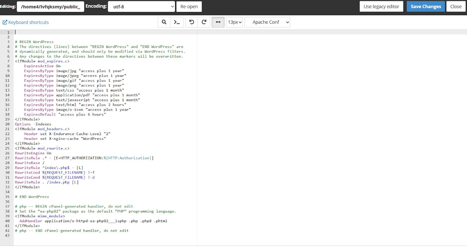 Editing .htaccess file from the file manager.