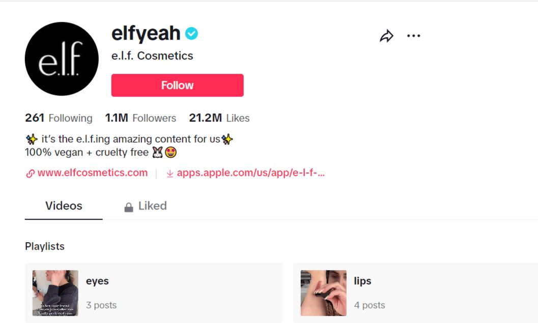 The e.l.f. Cosmetics TikTok page.