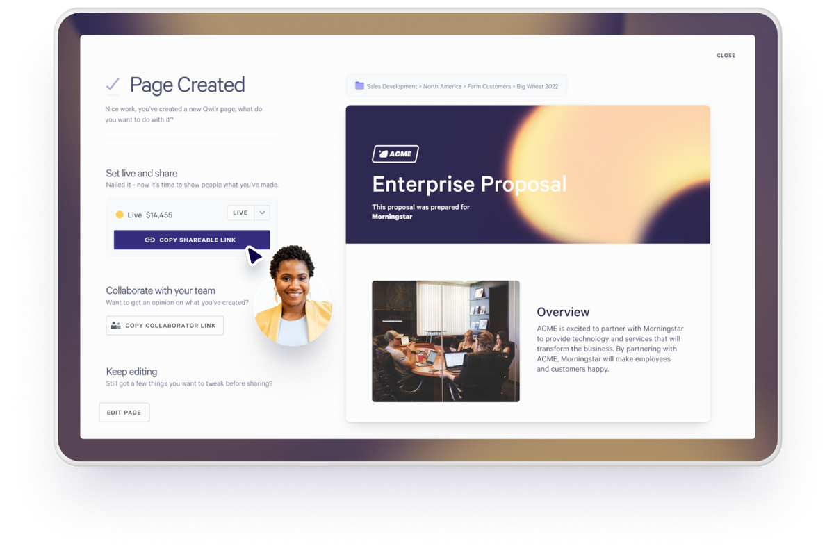 Manage your Qwilr page from within Zoho CRM. Share a link with your buyers, invite your team to collaborate, or continue editing