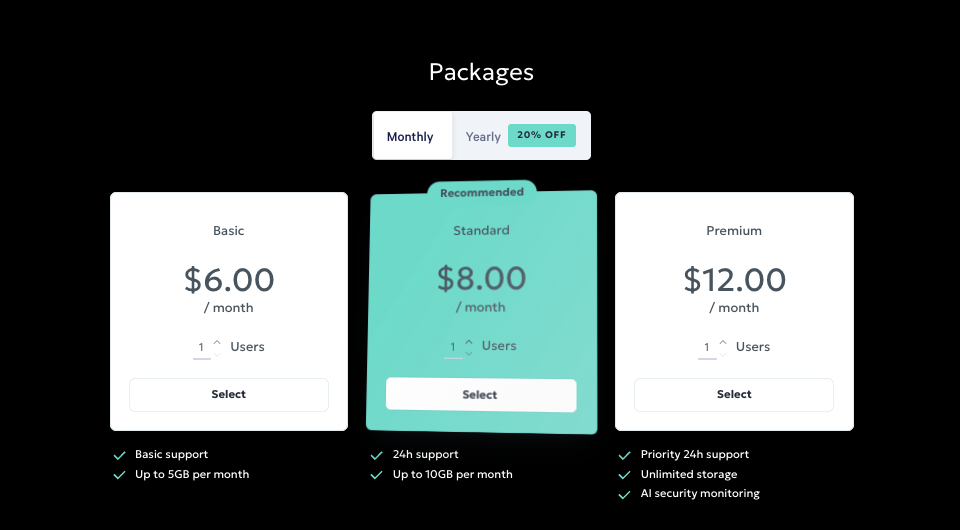 a screenshot of a pricing page for app development packages
