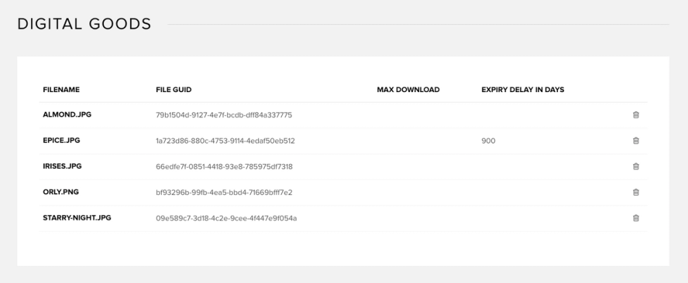 List of digital goods in Snipcart dashboard